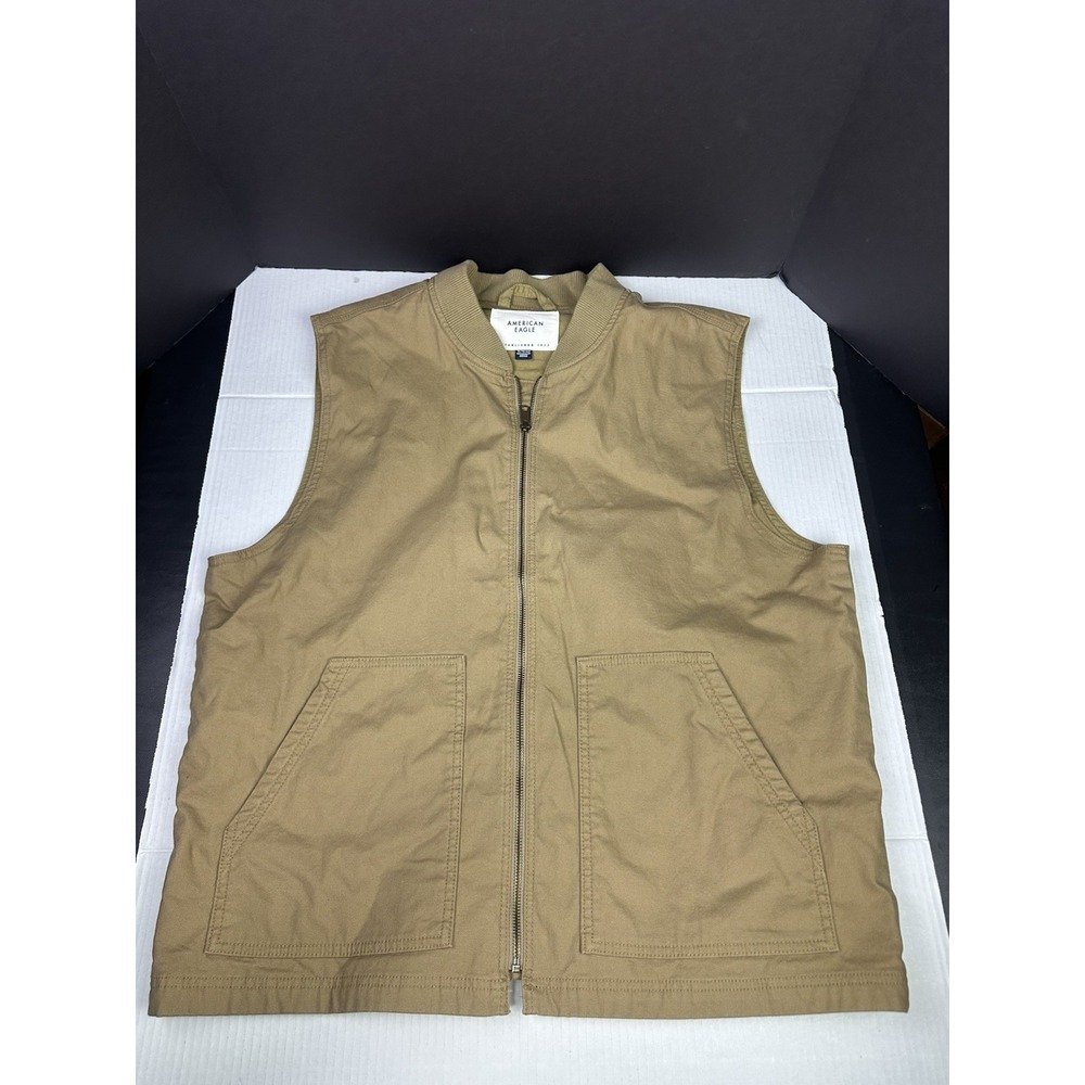 American Eagle Mens Large Khaki Canvas Utility Bomber Workwear Vest Tan Zip XL